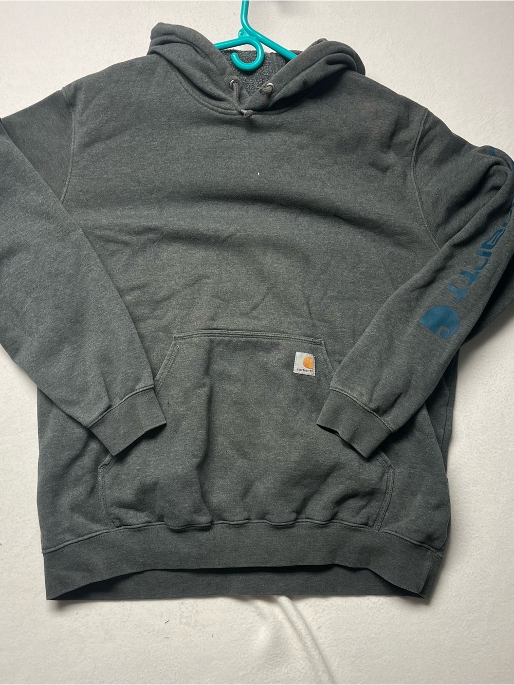 Carhartt Men's Gray Pullover Hoodie Fleece Cotton Blend Logo Pockets XL Regular